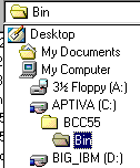 Locating the BCC55 bin directory using Windows Explorer.