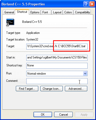 Completing the W2K Shortcut Properties dialog and pressing Change Icon.