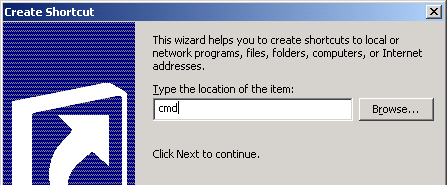 Creating page 1 of the Create Shortcut dialog in Windows 2000.