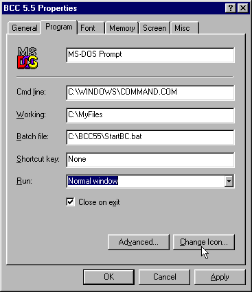 Completing the W98 shortcut dialog and clicking Change Icon.